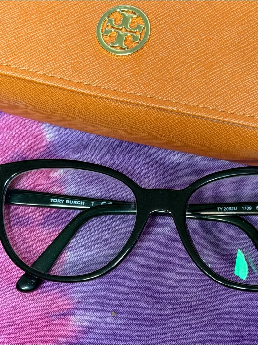 Tory Burch Black Cat-Eye Glasses with Orange Case and Gold Logo